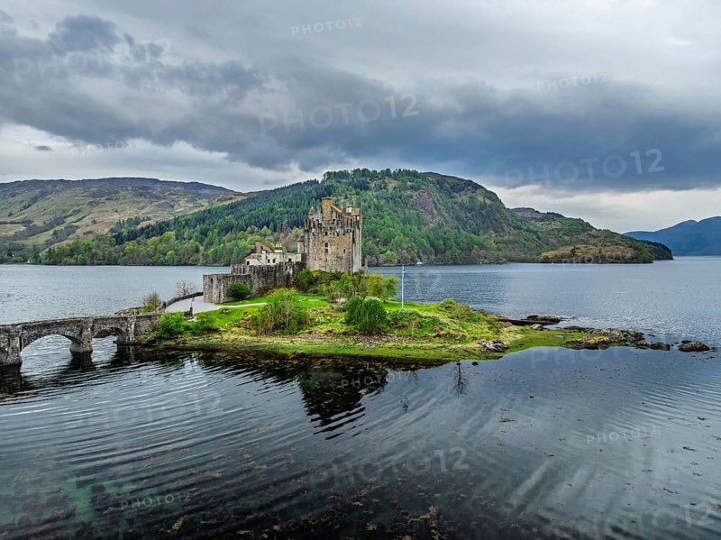 Eilean Donan Castle and Loch Duich from a drone, Isle of Skye, Highlands, Scotland, England, United Kingdom