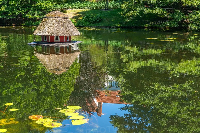 Floating duck breeding house with thatched roof, serose leaves, water reflection with villa from Contescarpe, Bremen ramparts, formerly part of the city fortifications with rampart and moat, today park, history, Bremen, Germany