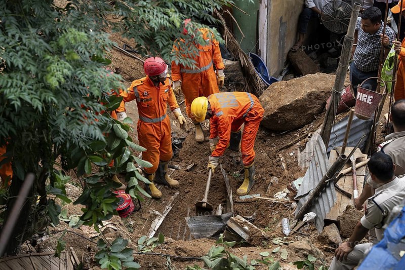 Rescue operations by the National Disaster Response Force (NDRF) and police are in full swing after a major landslide, triggered by a heavy downpour, in Guwahati, India, on June 7, 2025. One person was reported missing in thr landslide and two houses damaged