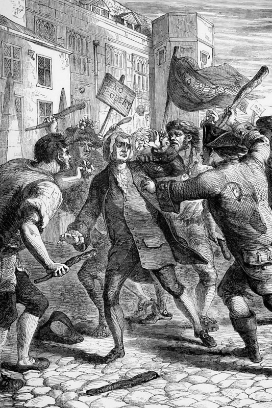 The Popery Act of 1778 abolished a series of punishments and disabilities for Catholics in England. As a result, a peaceful protest led to the Gordon Riots (named after Lord George Gordon), which led to widespread rioting and looting in London, digital reproduction of a historical original