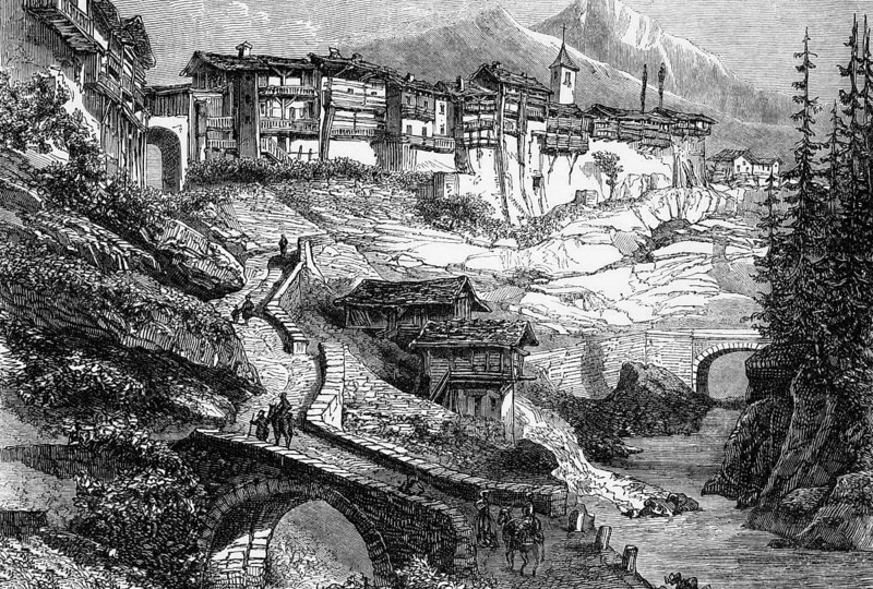 The village of Flumet, Savoy in the French Alps, France, around 1820, digital reproduction of a historical model