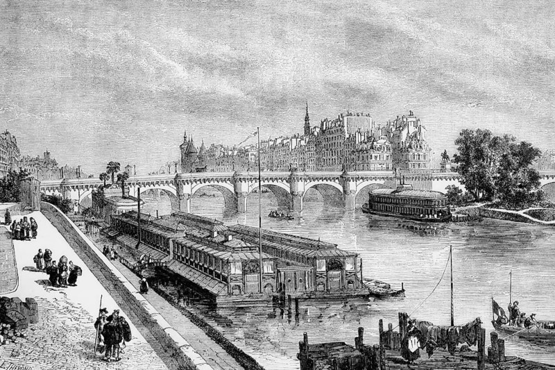 A view of the Seine and the Pont Neuf in Paris, 1840, France, digital reproduction of a historical original