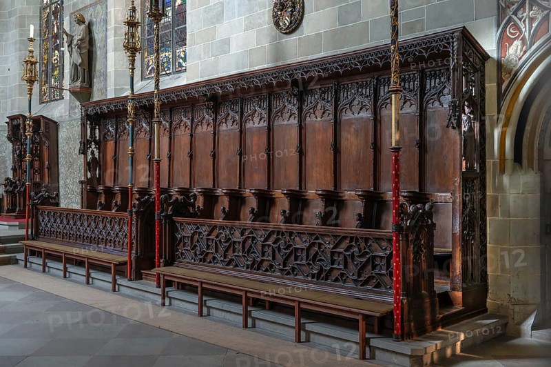 Choir stalls in Überlingen Minster, St Nicholas, built in 1350 and 1576 in the late Gothic style, Überlingen, Baden-Württemberg, Germany