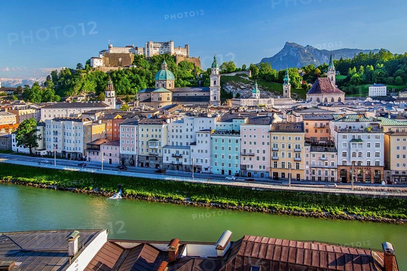 Panoramic view from the Kapuzinerberg over the Salzach to the old town with the Hohensalzburg Fortress to the Untersberg 1973m, Salzburg, Salzachtal, Salzburg County, Austria
