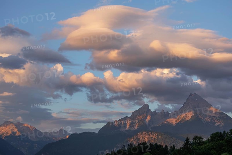 Gigantic sunrise at Maria Gern with a view of the Watzmann near Berchtesgaden