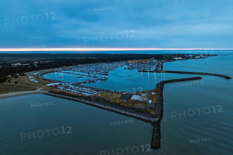 Sunset over Marina in Le Verdon-sur-Mer from a drone, Nouvelle-Aquitaine, Gironde, France, EuropeLe Verdon-sur-Mer, Nouvelle-Aquitaine, Gironde, France, Europe