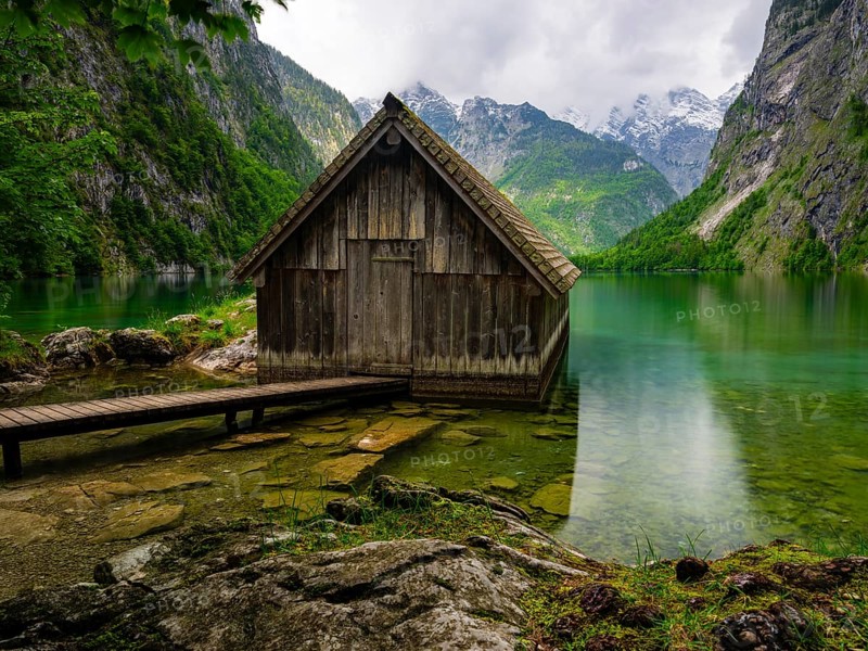 Boathouse at the Obersee near Königssee in the Berchtesgaden National Park, Schönau am Königssee, Berchtesgadener Land, Upper Bavaria, Bavaria, Germany