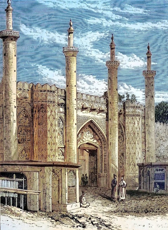 The South Gate of Tehran, Iran, coloured wood engraving, reproduction of a model from ca 1888, Historical, Decorative Islamic mosque with several minarets and richly decorated walls