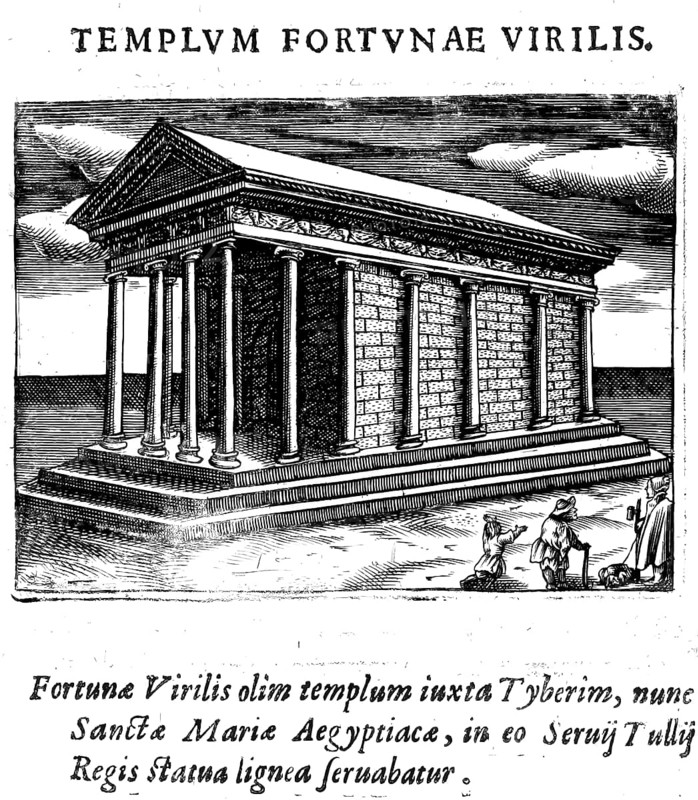 Il tempio della fortuna, Temple of Portunus, was a temple in Rome, Italy, probably dedicated to the harbour god Portunus, Historical, digitally enhanced reproduction from Grandezze della citta di Roma antiche et moderne by Jacomo Crulli de Marcucci, from 1630, Rome