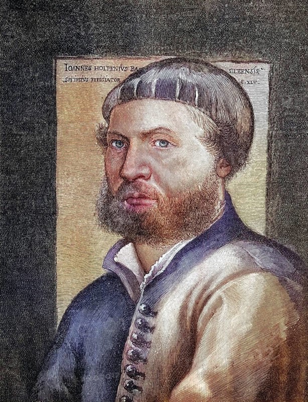 Hans Holbein the Younger, 1497, 1543, a German painter, coloured wood engraving, reproduction from a model from ca 1888, Historical, Renaissance portrait of a man with beard in front of a dark background