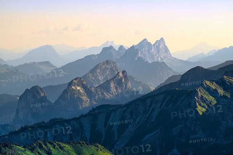 View from Mount Gantrisch, sunset over the Fribourg Pre-Alps, Canton of Bern, Switzerland
