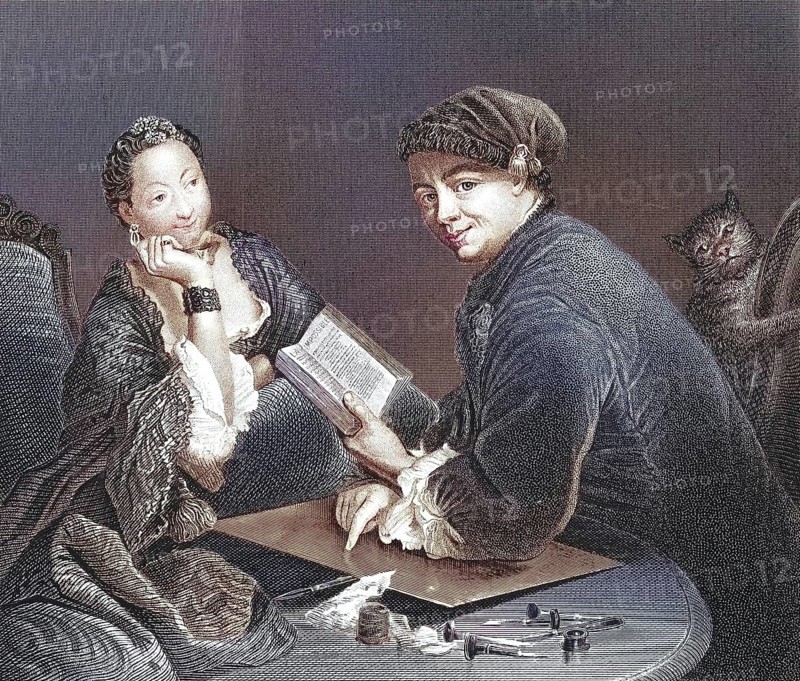 Engraver Georg Friedrich Schmidt with copper plate, burin, book in conversation with a noble lady, man and woman in conversation with book, in elaborate Victorian dress, satirical depiction, after a painting by Antoine Pesne, digitally restored reproduction of an old original, historical, exact date unknown