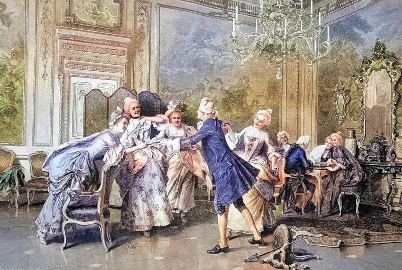 Blind man's buff game of fine society, coloured wood engraving, reproduction of a model from ca 1888, Historical, Noblemen dancing and entertaining in a splendid rococo salon