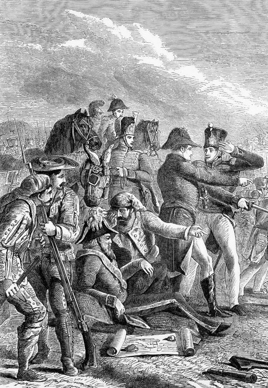 The Battle of Talavera (27-28 July 1809) was a battle fought about 120 kilometres southwest of Madrid, Spain, in the Spanish War of Independence, when an Anglo-Spanish army under Sir Arthur Wellesley cooperated with a Spanish army in operations against French-occupied Madrid, digital reproduction of a historical original