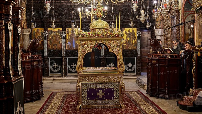 Epitaphio, richly decorated church interior with altar, icons and candlesticks, Holy Week, Bay of Panormitis, Panormitis Monastery, Symi, Dodecanese, Greek Islands, Greece