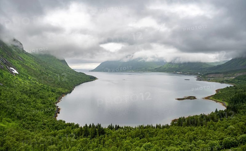 Cloudy fjord landscape with forest, Senja Island, Norway