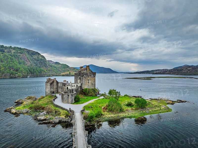 Eilean Donan Castle and Loch Duich from a drone, Isle of Skye, Highlands, Scotland, England, United Kingdom
