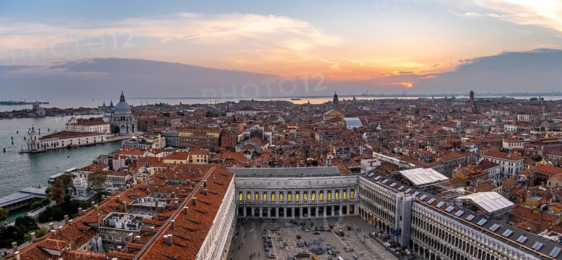 Panorama, St Mark's Square and Basilica di Santa Maria della Salute on the Grand Canal at sunset, view from the Campanile di San Marco bell tower, city view of Venice, Veneto, Italy