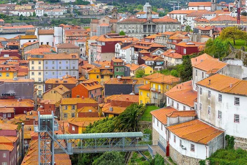 Rooftops of historic buildings in Ribeira area, city of Porto, Portugal
