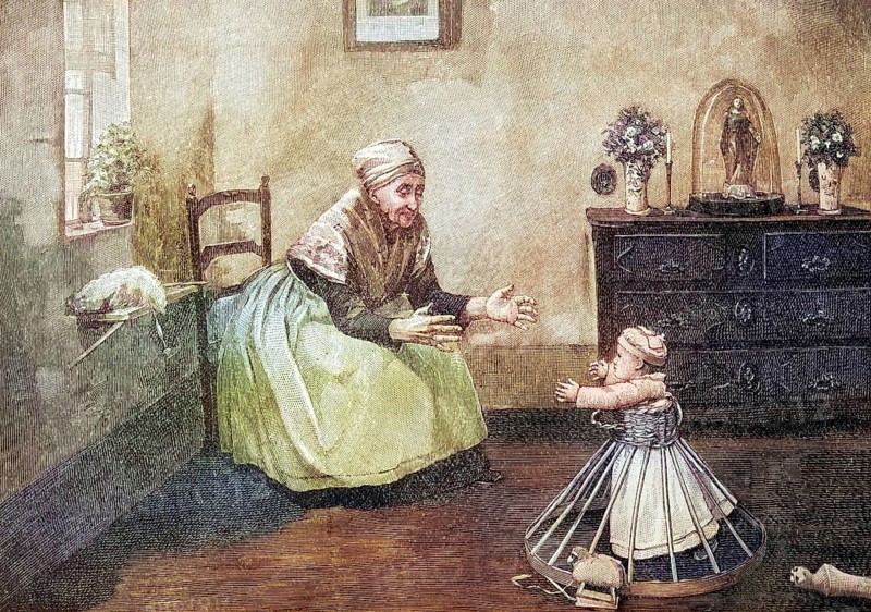 Toddler with walking aid taking his first steps towards his grandmother, coloured wood engraving, reproduction of a model from ca 1888, historical, grandmother encouraging her walking grandchild in the living room