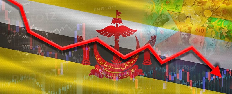 Brunei financial crisis on economic graph. Financial fall of Brunei on economy market