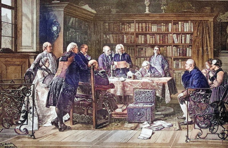 Opening of the will by the notary in front of the extended family, coloured wood engraving, reproduction of a model from ca 1888, historical, discussion about documents in a magnificent library of the baroque era