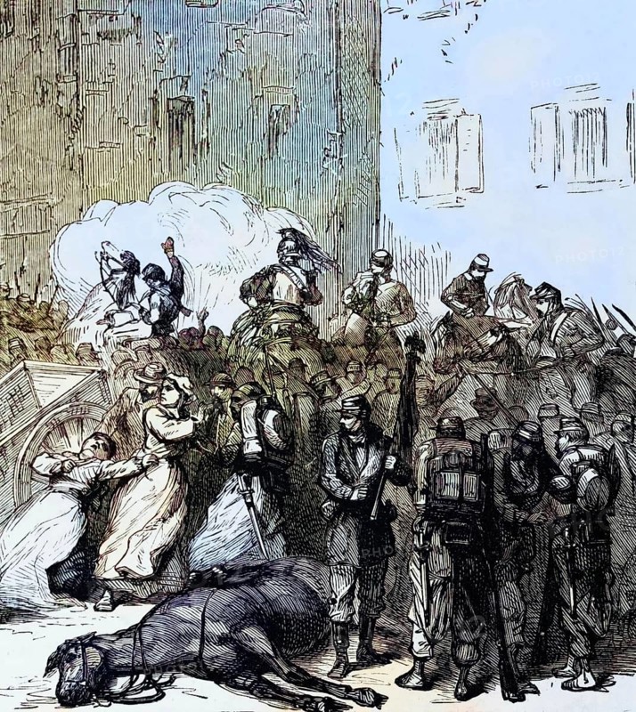 Victims of war, a street in a bombed city during the Franco-Prussian War from 1870 to 1871, digital reproduction of a historical model