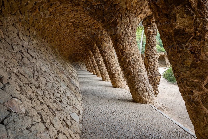 Colonnaded footpath, Park Gueell, Antonio Gaudi architect, Unesco World Heritage Site, Gracia District, Barcelona, Catalonia, Spain