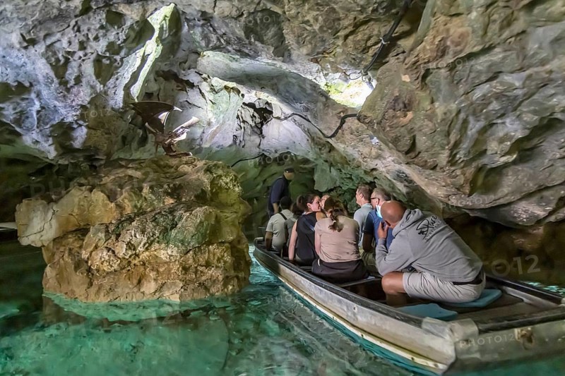 Excursion destination Wimsen Cave in the Swabian Alb. This tourist attraction is the only cave in Germany that can be accessed by boat. Origin of the Zwiefalter Ach. Hayingen, Baden-Württemberg, Germany