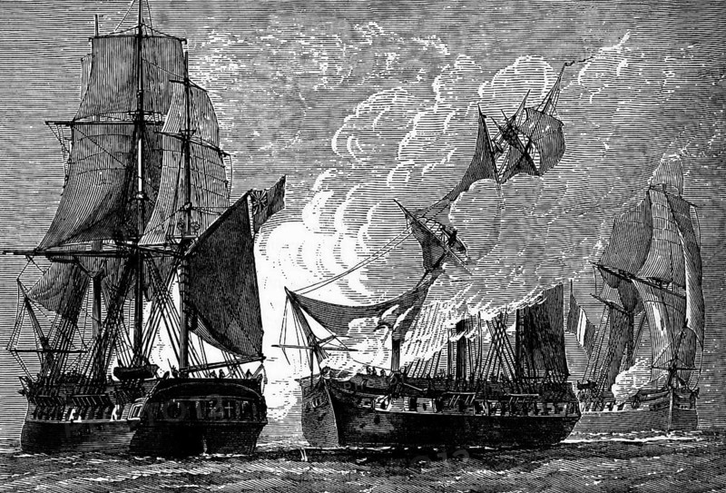 The Battle of Cuddalore was a battle between a British fleet under Admiral Sir Edward Hughes and a slightly smaller French fleet under the Bailli de Suffren off the coast of India near Cuddalore during the American War of Independence on 20 June 1783, after peace had been signed in Europe but in front of the news reached India, digital reproduction of a historical model
