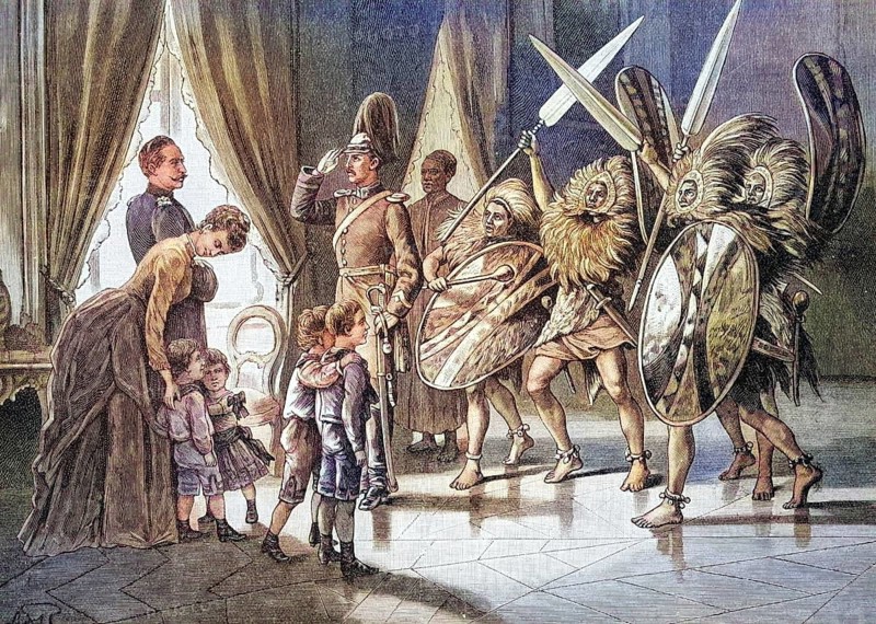 Presentation of the Mandaraneger to Kaiser Wilhelm by the African traveller Otto Ehlers, coloured wood engraving, reproduction of a model from ca. 1888, historical, children and parents watch costumed soldiers at a masquerade in the living room