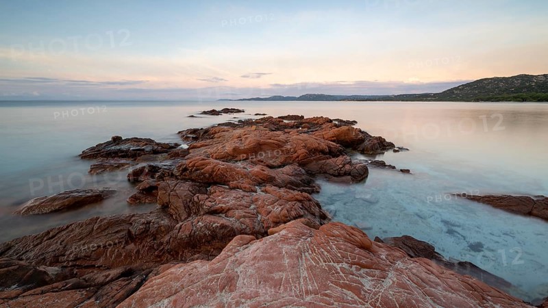 Rocky coast, sunrise, Plage de Palombaggia, Corsica, France