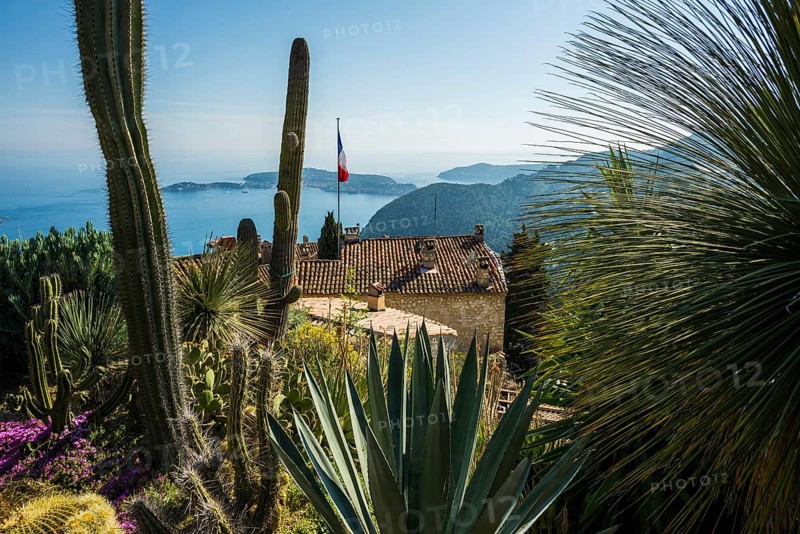 Picturesque mountain village overlooking the sea, Jardin Exotique, Èze, Cote d'Azur, Alpes-Maritimes, Provence-Alpes-Cote-d'Azur, South of France, France