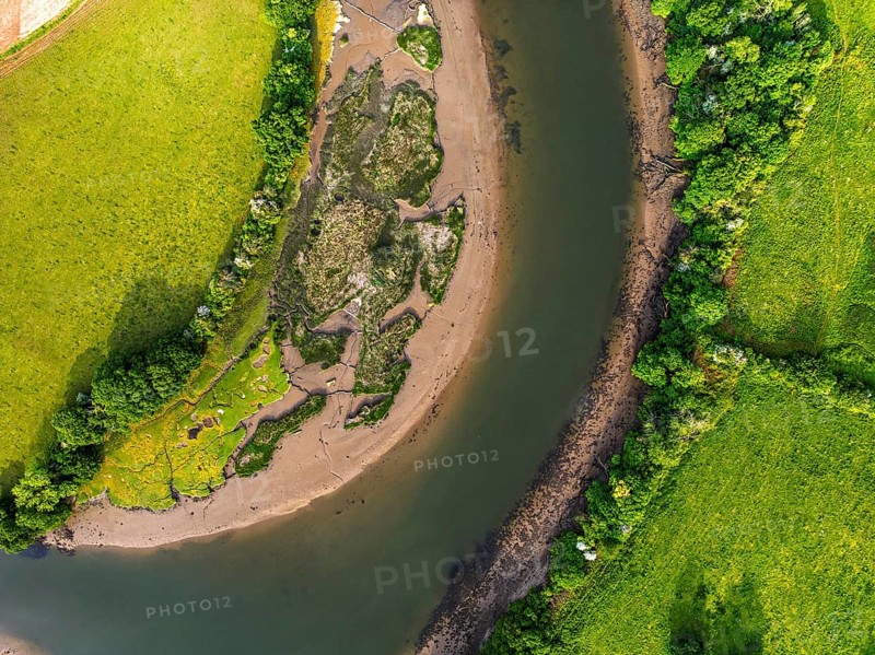 Top Down over Marshes over River Dart from a drone, Stoke Gabriel, Totnes, Devon, England, United Kingdom