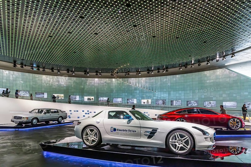 The Mercedes-Benz Museum in Stuttgart presents a journey through the automotive history of the global corporation. Myth 6: The road to emission-free mobility, 1982 to the present day. The history of the Mercedes star begins with the first automobile in 1886. 160 vehicles are on display. Stuttgart, Baden-Württemberg, Germany