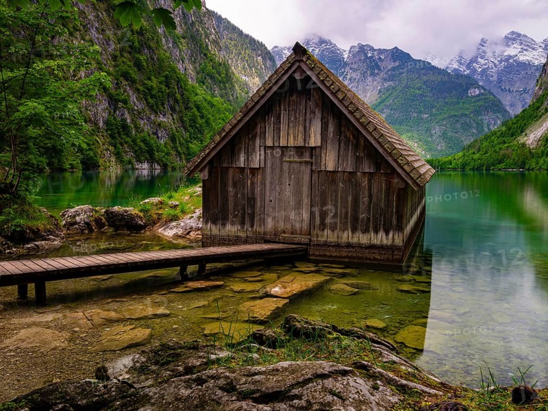 Boathouse at the Obersee near Königssee in the Berchtesgaden National Park, Schönau am Königssee, Berchtesgadener Land, Upper Bavaria, Bavaria, Germany