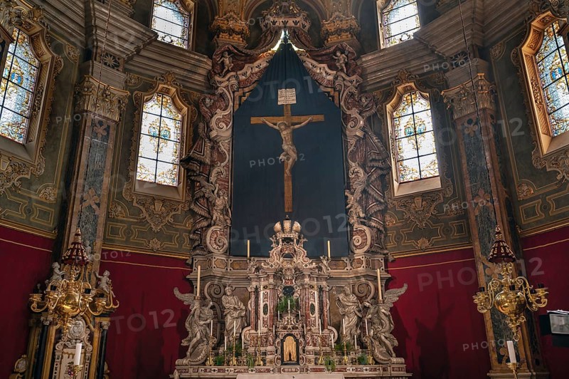 Altar with Lenten cloth, 18th century, in Mariae Cathedral, Brixen, South Tyrol, Northern Italy