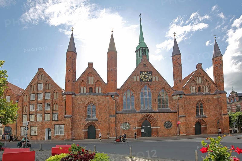Holy Ghost Hospital with pointed towers, Brick Gothic, Brick building, Old Town, Lübeck, Schleswig-Holstein, Germany
