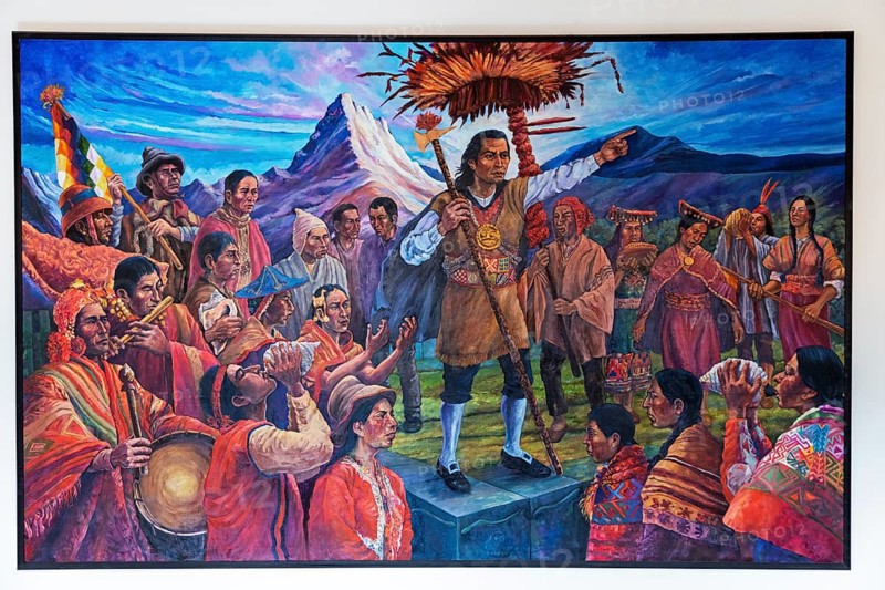 The picture shows Tupac Amaru II, an indigenous leader who led a rebellion of the indigenous population against the Spanish colonists in Peru in 1780. Museo de Arte Contemporáneo, Cusco, Peru