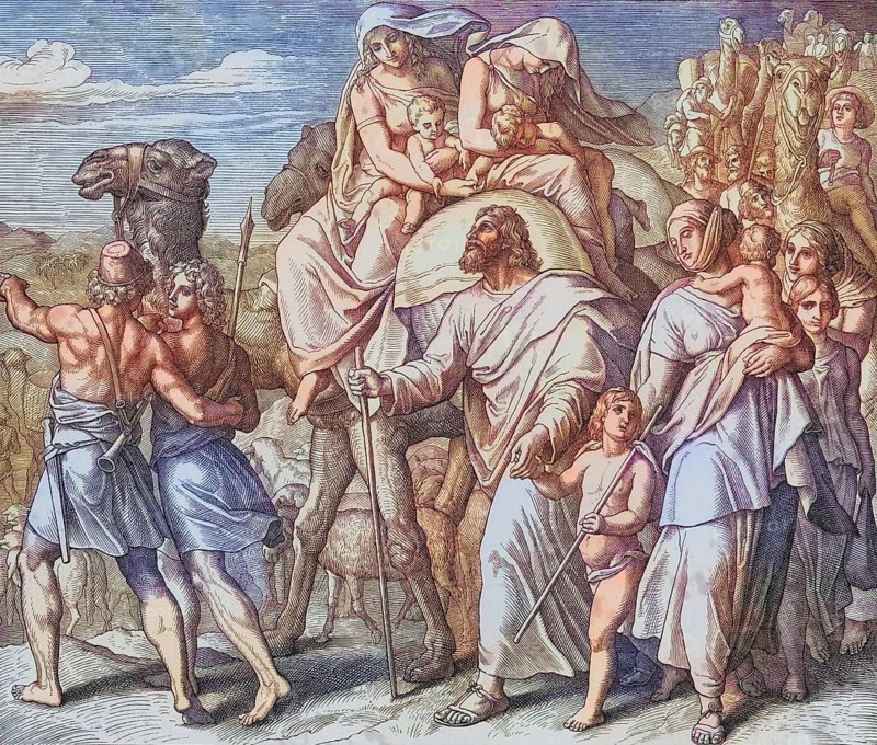 Biblical story, Joseph leaves Laban, an Aramean from Harran in Paddan-Aram, son of Bethuel, brother of Rebekah and the father of Leah and Rachel, digitally enhanced reproduction of a wood engraving by Julius Schnorr von Carolsfeld, historical, around 1860, exact date unknown