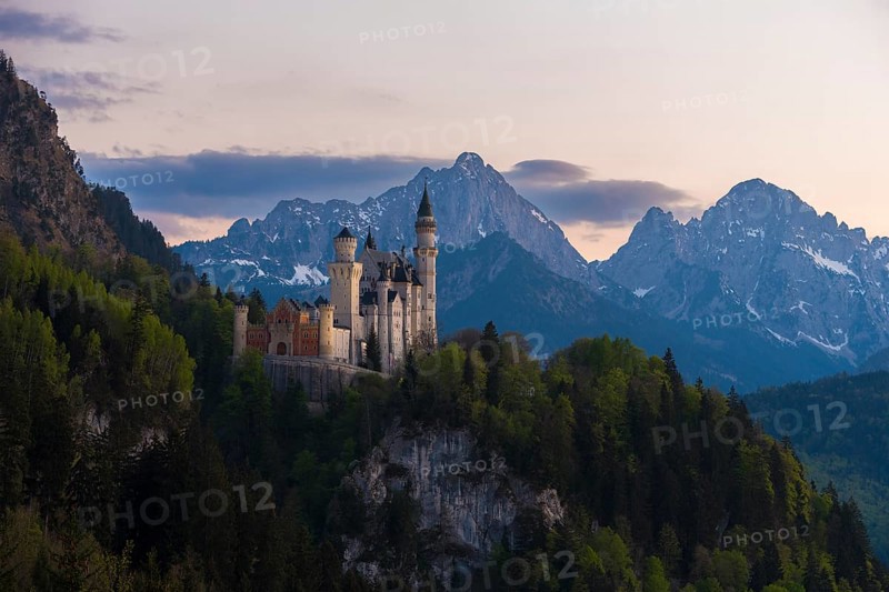 Neuschwanstein Castle after sunset with alpine landscape, Schwangau near Füssen, Ostallgäu district, Swabia, Bavaria, Germany