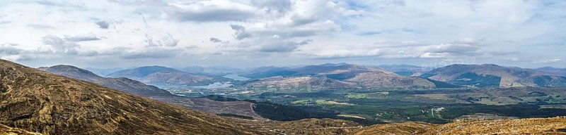 Panorama View from Nevis Range Mountains, Grampian Mountains, Fort William, Highland, Lochaber, Scotland, UK