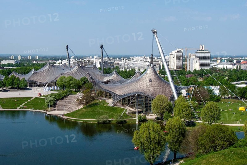 View from the Olympiaberg to the Olympic Lake, Olympic Hall, Olympic Swimming Pool, Olympic Park, Munich, Bavaria, Germany