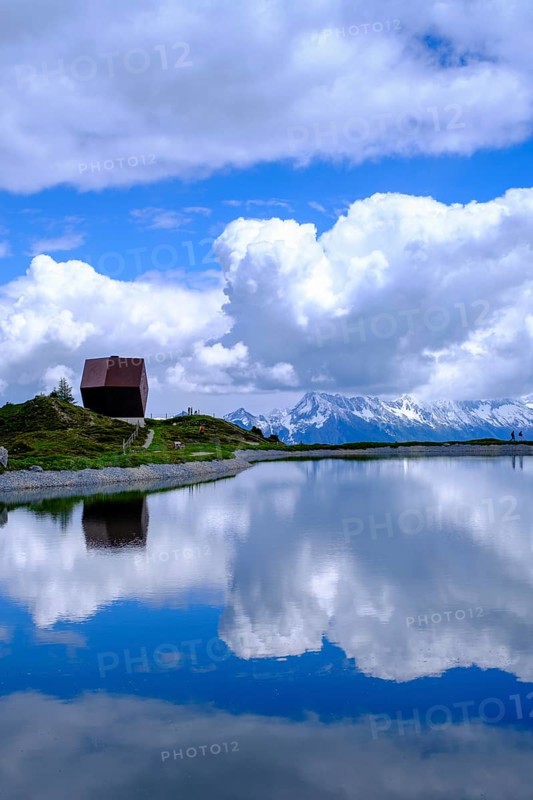 Garnet Chapel, Mario Botta, with snow pond Finkenberg, Penken, Mayrhofen, Zillertal, Tyrol, Austria