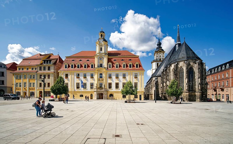 Baroque town hall, Protestant late Gothic St. Mary's Church, town church, and Mohren Pharmacy, market square, Weißenfels, Saxony-Anhalt, Germany