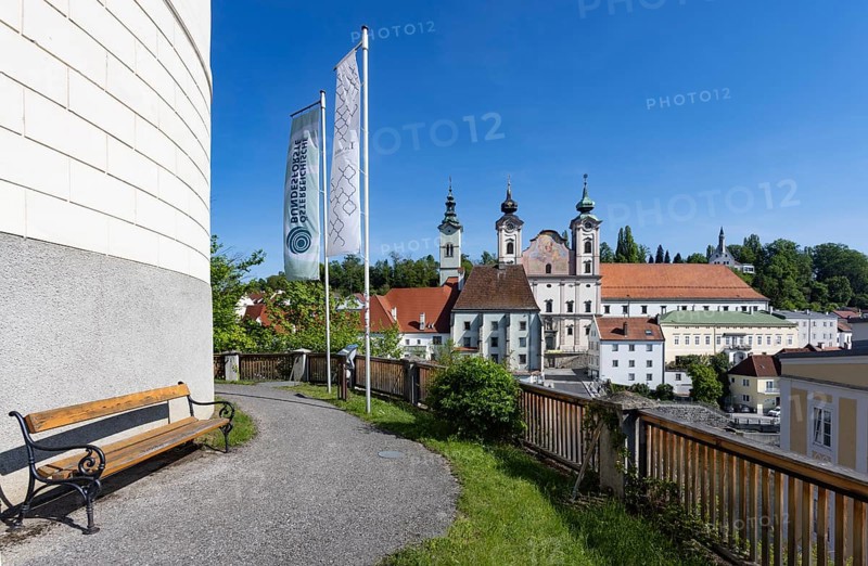 View from Lamberg Castle to the Bürgerspitalskirche and St Michael's Church, Steyr, Traunviertel, Upper Austria, Austria