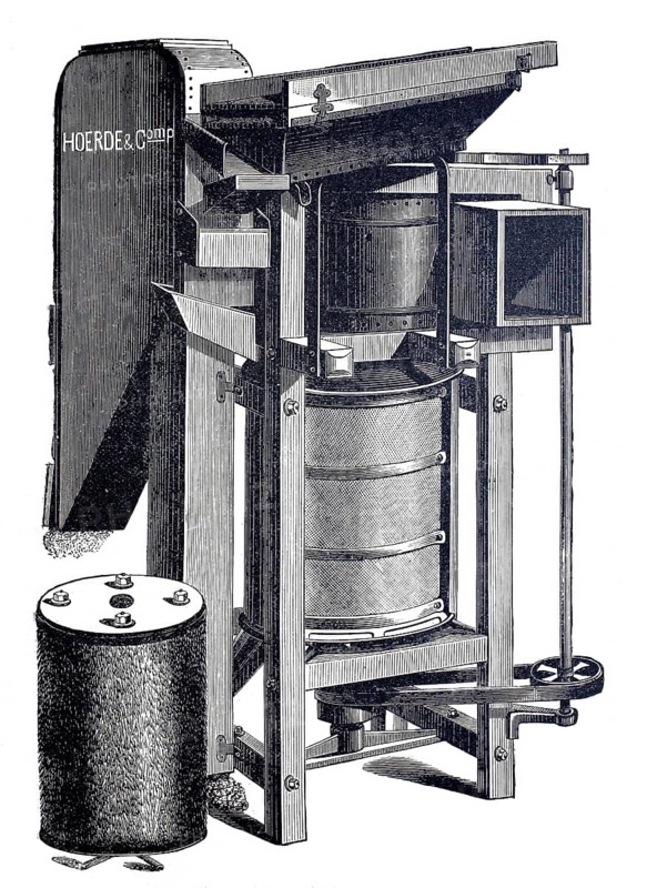 Grain processing, brushing machine, Throop system, by Hoerde & Co, around 1880, digitally improved reproduction of a 19th century model, historical, exact date unknown