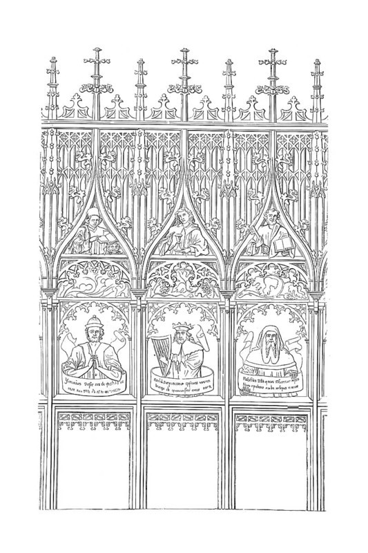Choir stalls by Jörg Syrlin the Elder (c. 1470) on the north side of the Minster of Our Lady of Ulm, Ulm Minster for short, Baden-Württemberg, Germany, Historical, digitally enhanced reproduction of a model from around 1860
