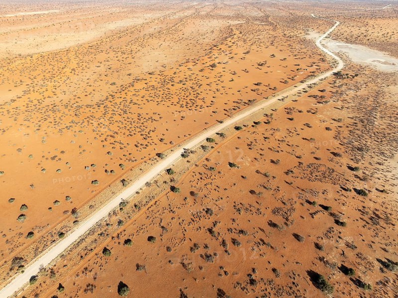 Gravel road in the Kalahari Desert with its linear sand dunes grown with camelthorn trees (Vachellia erioloba). Aerial view. Drone shot. Namibia