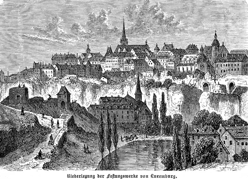 Cityscape of the old town of Luxembourg, laying down of the fortifications, loops of the fortress walls, river Petruss, church, towers, rock, path, people, Grand Duchy of Luxembourg, historical illustration 1896